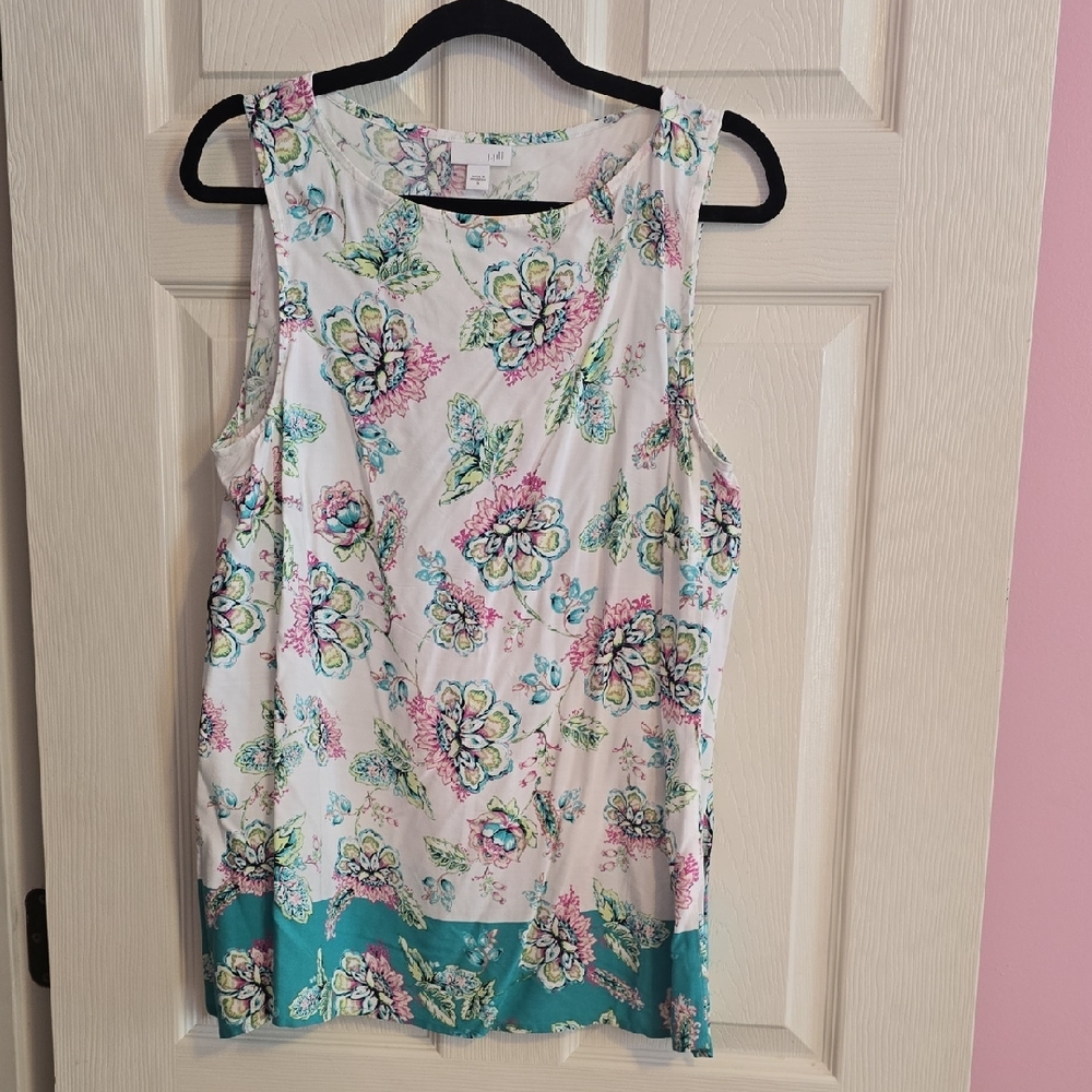 J. Jill White‎ Floral Tank with Teal Hem